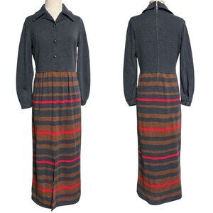 70s vintage maxi shirt dress wool blend pointed collar stripe buttonup Knitique.